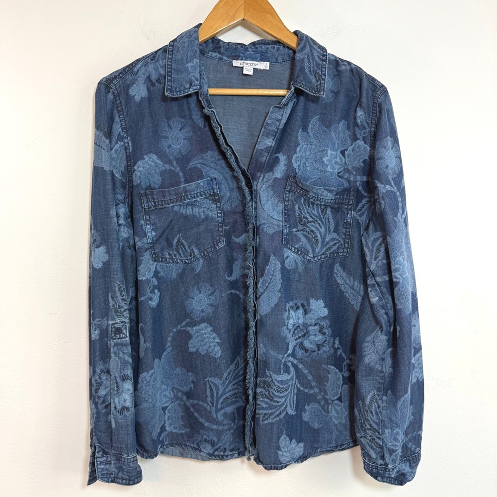 Chico's Floral Lyocell Chambray Button Down Shirt‎ Blue Fringe Boho 2 US 12